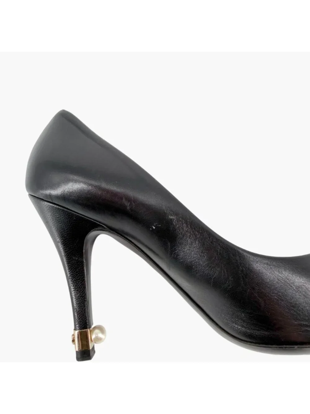 Chanel Black Leather Peep Toe Pumps Pearl CC Heel Size 38 US 7–7.5 Women's Heels